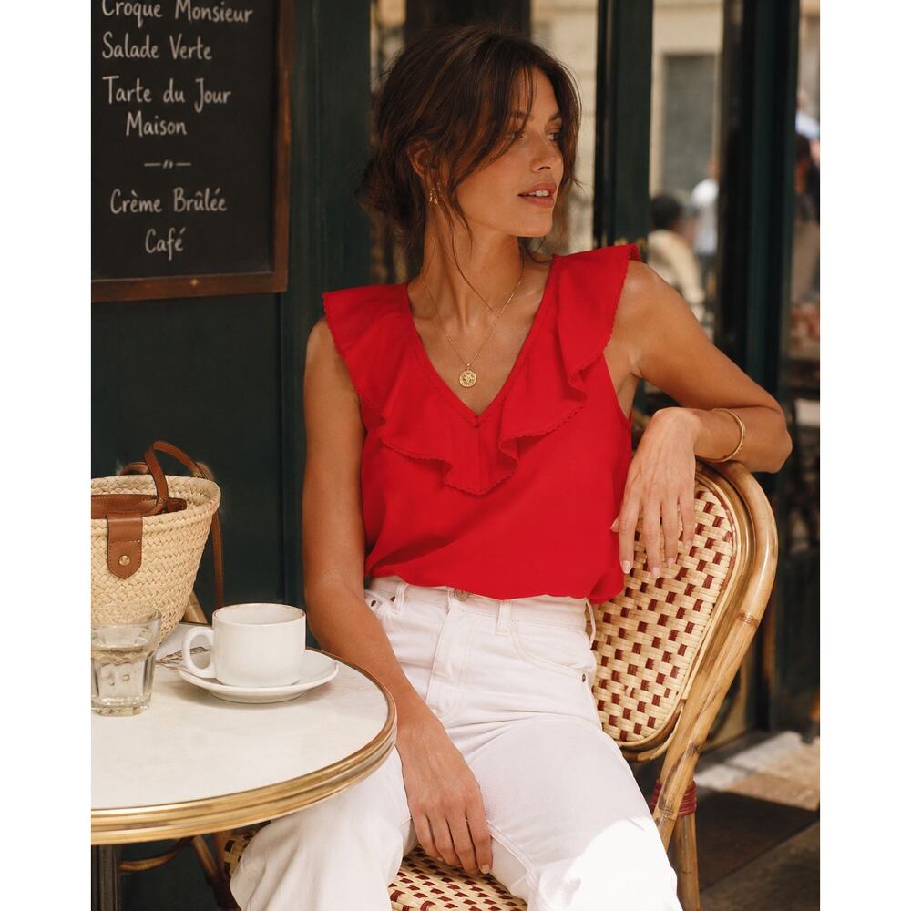 Sezane Red Ruffled V-Neck Tank Top